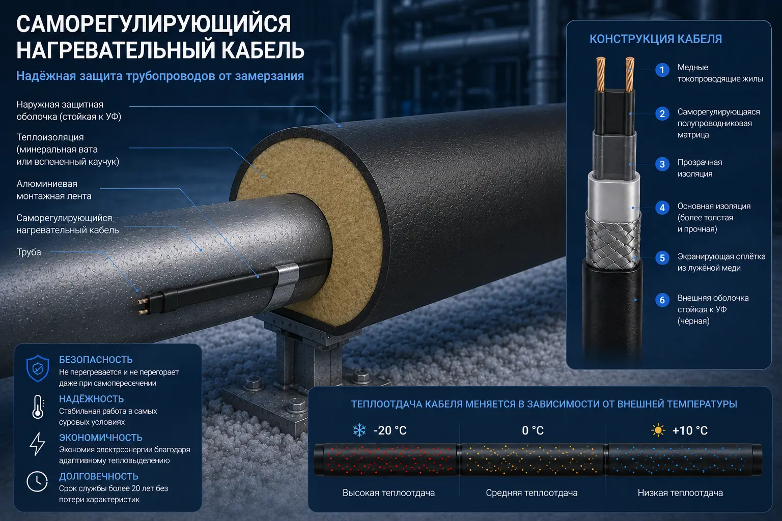 Саморегулирующийся греющий кабель для обогрева труб и оборудования