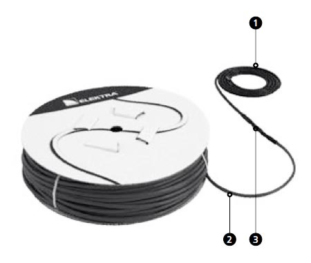 ELEKTRA DM 10 тонкий нагревательный кабель для теплого пола, 1 - провод питания, 2 - нагревательный кабель, 3 - соединительная муфта